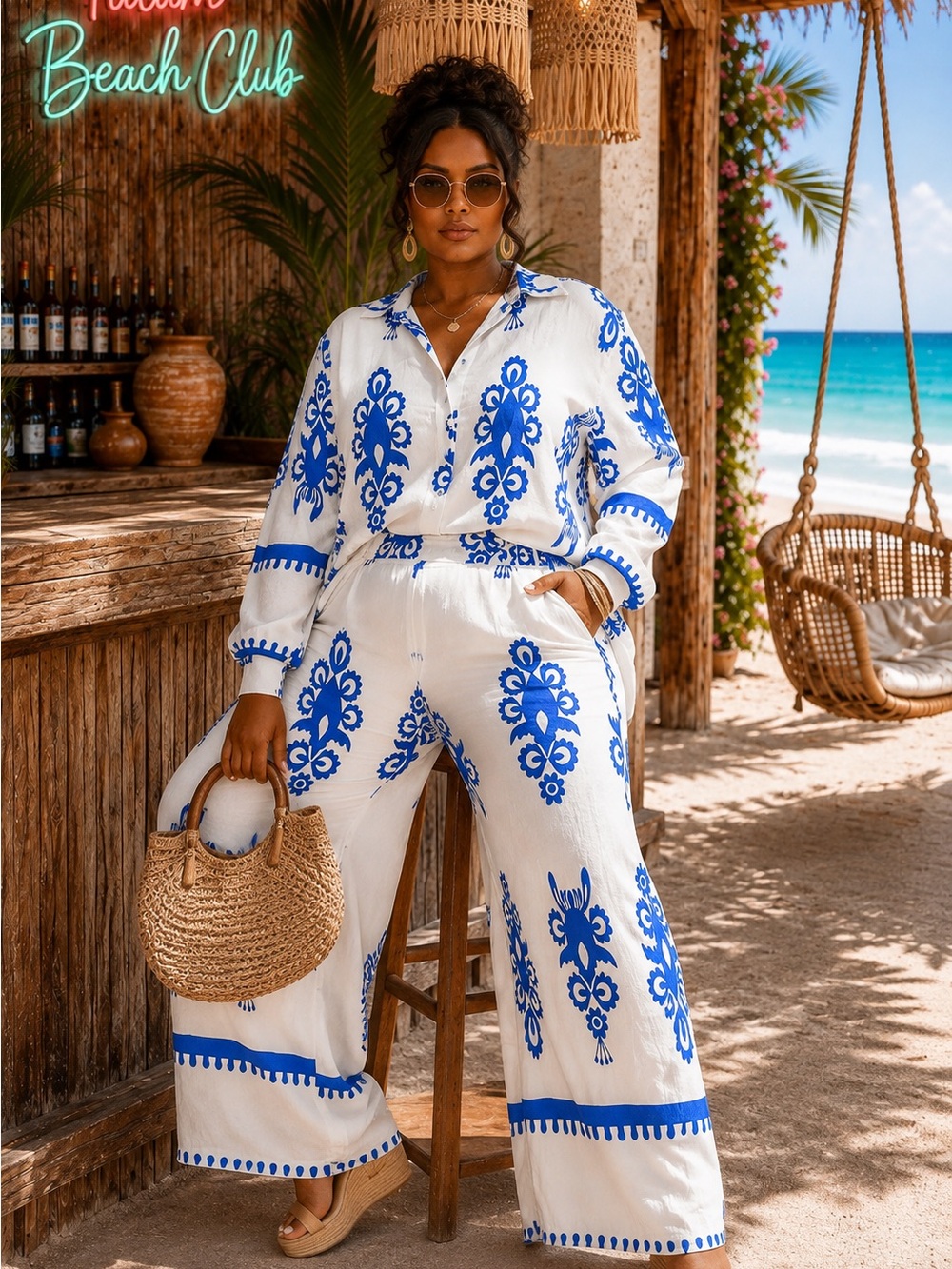 Plus Size White & Blue Printed Wide-Leg Pants Set